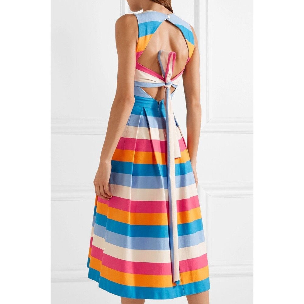 RUNWAY $2590 Carolina Herrera tie-back striped cotton-blend midi dress Sz 12